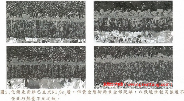 下面四圖顯示，當(dāng)焊接的熱量不足或未持續(xù)時(shí)，雖然Ni3Sn4的薄薄IMC層已經(jīng)生成而焊牢，但也會(huì)因?yàn)锳uSn及AuSn2還未來(lái)得及逸走，而停留在共金介面附近，當(dāng)有外力拉扯的時(shí)候，就很容易斷裂開來(lái)。這就是為何ENIG的焊點(diǎn)強(qiáng)度，始終不如銅面焊點(diǎn)(Cu6Sn5)來(lái)得更為牢固的主因之一。