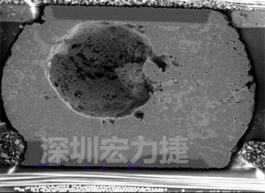 錫球氣泡大到足以影響到焊接的品質(zhì)，下圖是錫球切片后的剖面，可以很明顯看到氣泡已經(jīng)有錫球的 1/3 大了