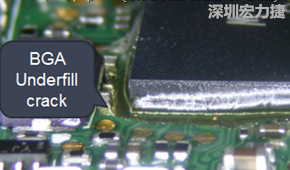 下面兩張照片就顯示既使添加了底部填充膠underfill，經過摔落后還是發(fā)生BGA錫球破裂的問題，因為連Underfill膠都裂開了。
