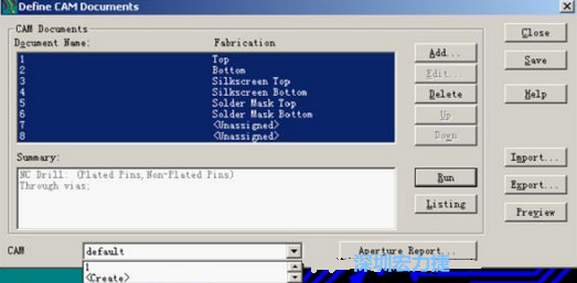回到Dsfine CAM Documents窗口 ，將所有須輸出的文件用鼠標(biāo)拉住選擇，按Run輸出，默認(rèn)輸出路徑是安裝目錄的\CAM\default，也可按CAM的Create更改