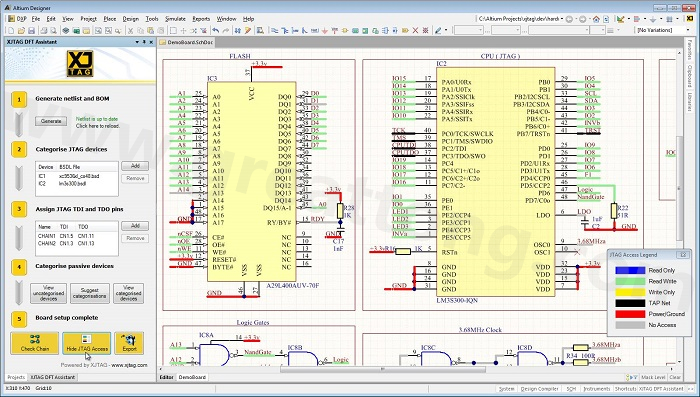 XJTAG DFT Assistant的Access Viewer模式可以清楚地顯示可用的測(cè)試存取層級(jí)，讓電路板設(shè)計(jì)人員在展開PCB布局以前的原理圖擷取階段盡可能地提高測(cè)試存取能力