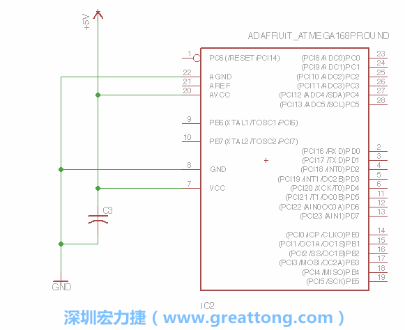 3.1.    新增微控制器晶片（RBBB → ATmega），把它放在電路原理圖的中央附近，把它的兩個接地接頭連接到接地訊號端。