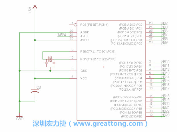 3.3.    將共鳴器（resonator）放置在針腳9和針腳10附近，將它的三個針腳連接如圖所示，并確認最中間的針腳有連到接地端。