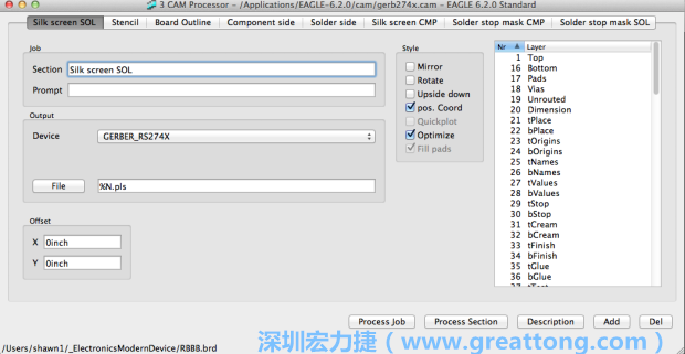 假如你有匯入點(diǎn)陣圖圖層（抑或是有某個(gè)圖層是你不想要它們出現(xiàn)在絲印上的），請(qǐng)?jiān)俅未_認(rèn)標(biāo)簽列下面被指定的圖層都是正確無誤的。