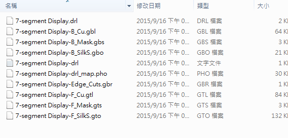 所謂Gerber檔，其實是包含一群檔案 (如下圖所示)，如包含正反面銅箔層 F.Cu B.Cu.，正反面文字面 F.Silkscreen ，B.Silkscreen，防焊層 SolderMask、板邊裁切Edge.Cuts 等。