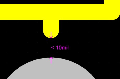 顯示每項(xiàng)違例的細(xì)節(jié)，本例的絲印與焊盤的間隔少于10mil.