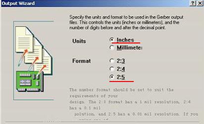 在上圖中選擇“Inches 2：5”，以確保資料精度，反之線寬、線距或孔有偏移現(xiàn)象